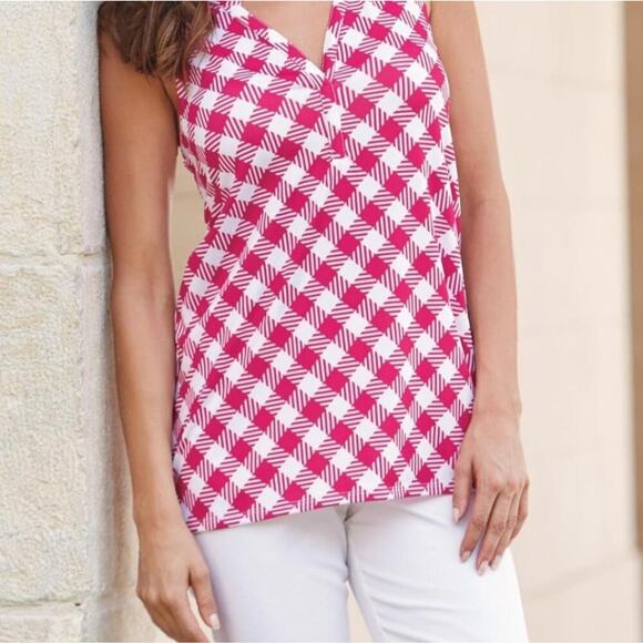 MUD PIE PIPER JERSEY TUNIC PINK PLAID SUMMER TOP SIZE LARGE - Picture 1 of 7